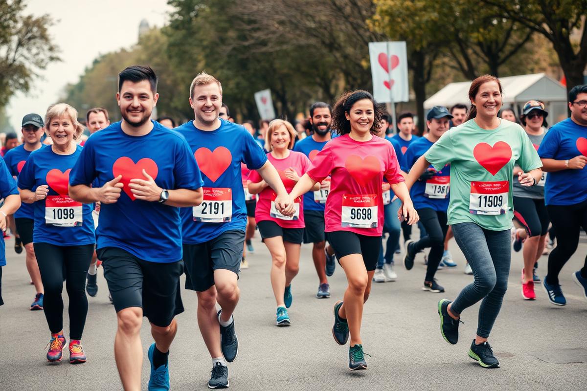 Runners taking part in a charity run with heart symbols