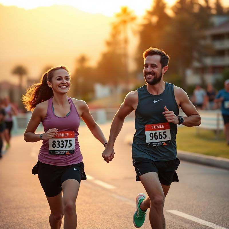 Couple running hand in hand at sunrise