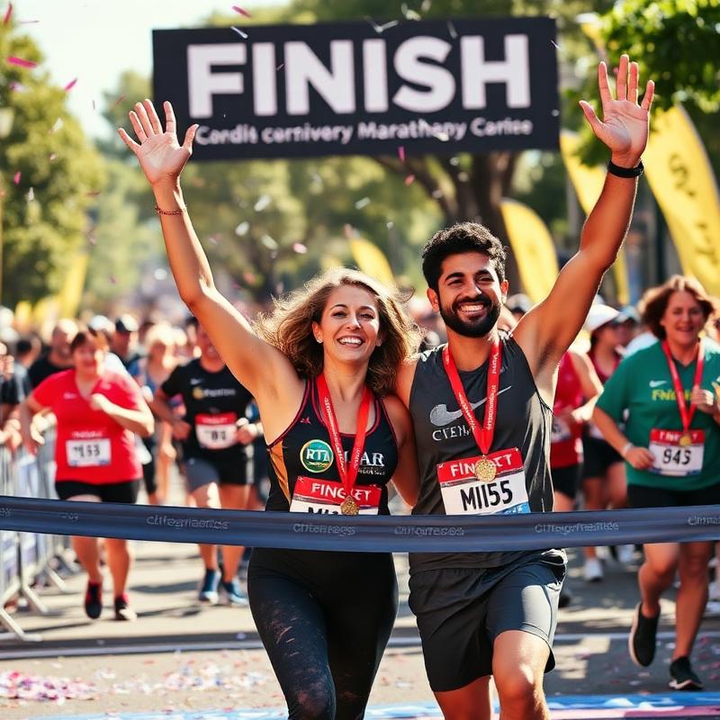 Couple celebrating at the finish line with medals