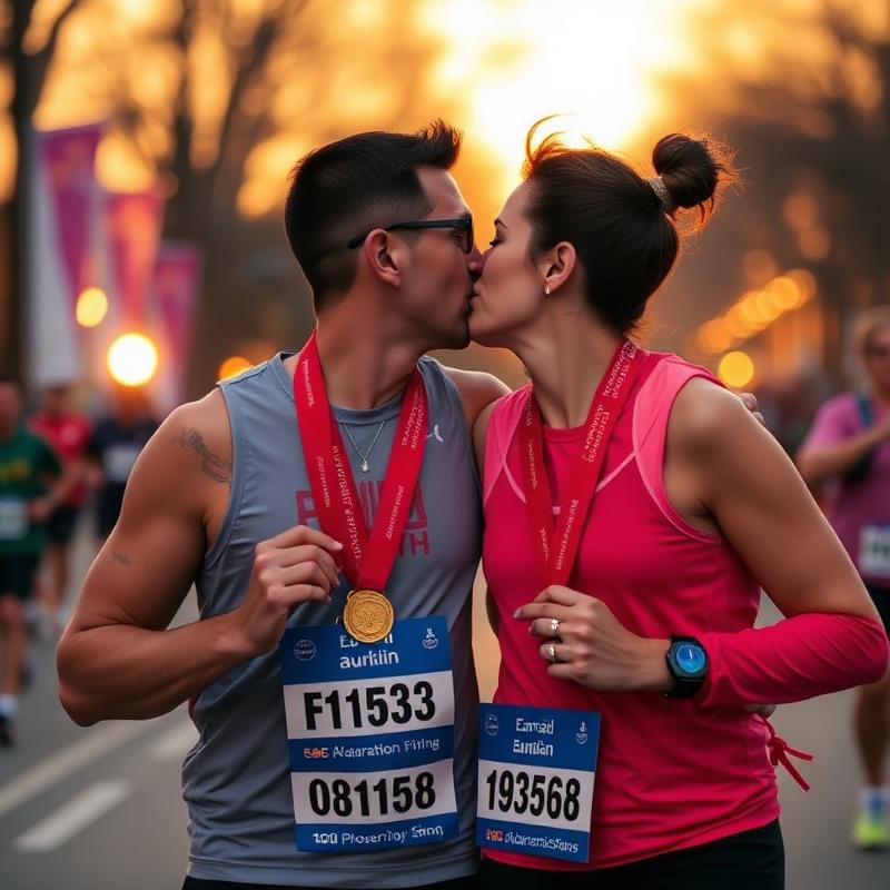 Couple kissing while holding finisher medals